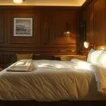 a cozy, stylish boutique hotel room with elegant decor and modern amenities.