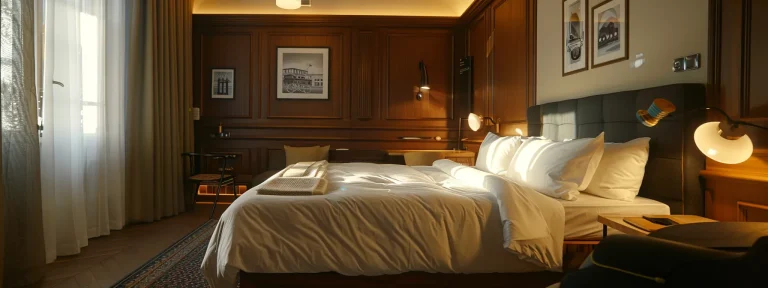 a cozy, stylish boutique hotel room with elegant decor and modern amenities.