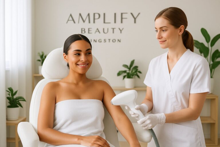 A woman receiving laser hair removal treatment from a professional esthetician in a modern beauty clinic.