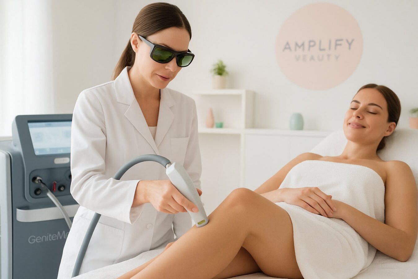 A technician using a GentleMaxPro laser device to perform hair removal treatment on a client in a bright beauty clinic.