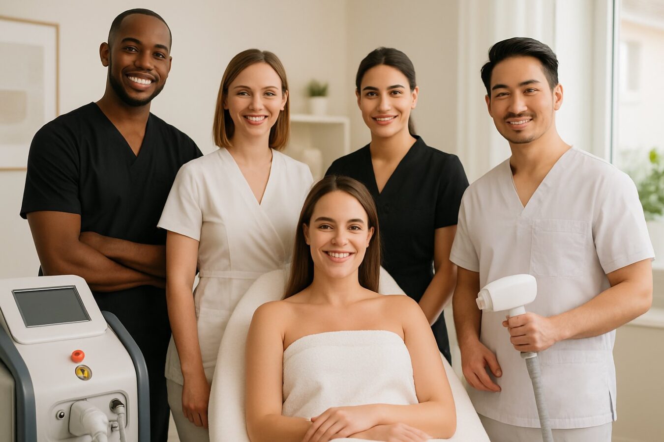 A diverse team of beauty professionals in a modern spa setting interacting with a client receiving laser hair removal treatment.