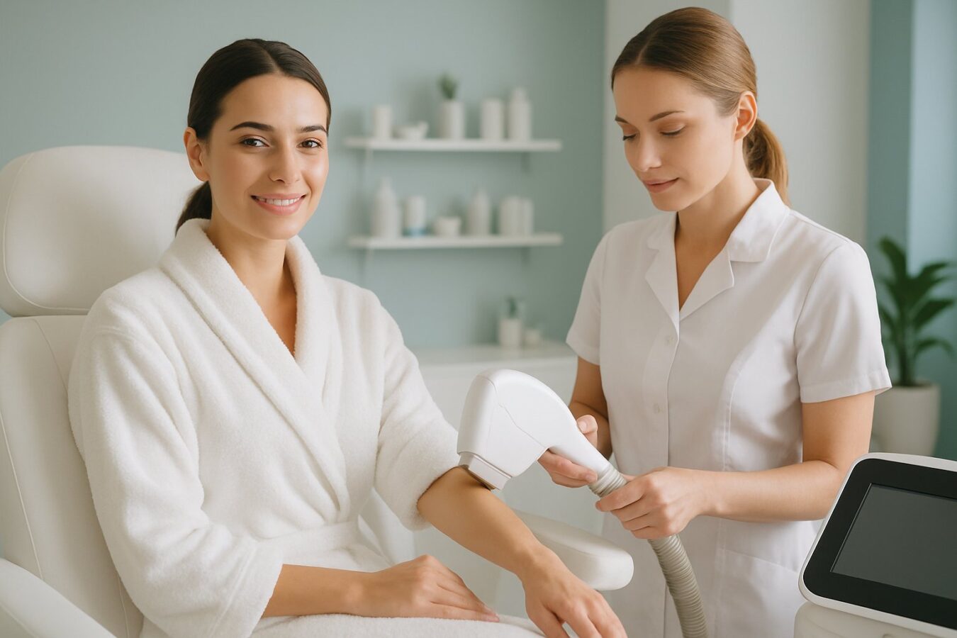 A woman receiving IPL laser hair removal treatment on her forearm from a technician in a modern beauty clinic.