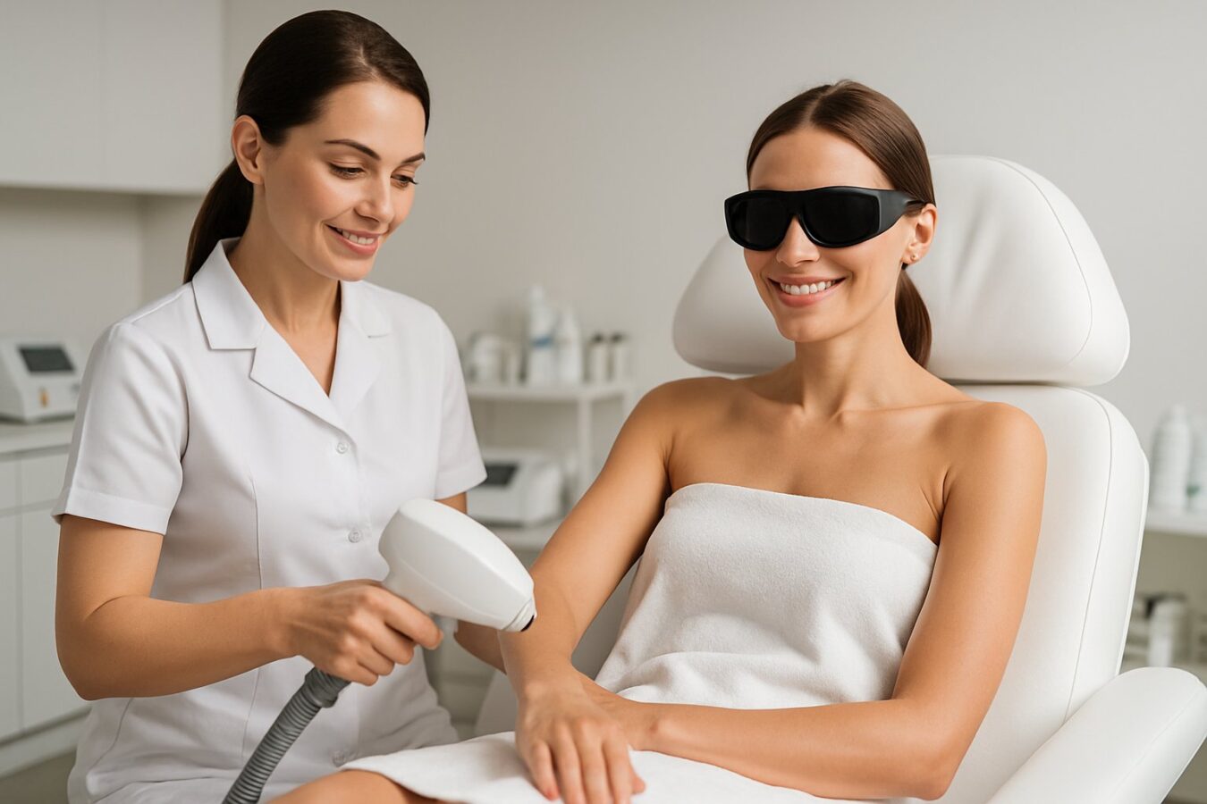 A female technician performing laser hair removal treatment on a female client in a bright and clean beauty clinic.