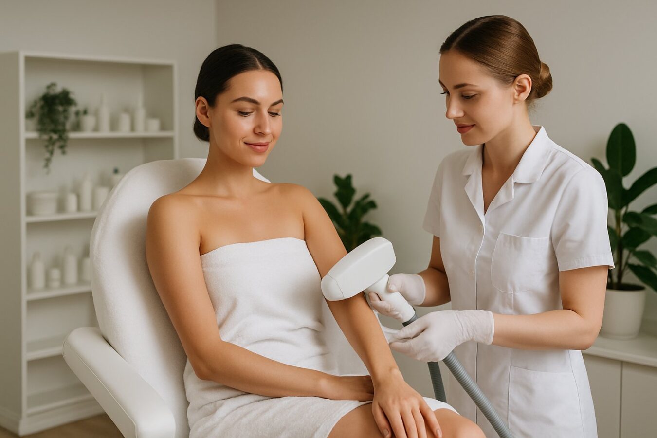 A woman receiving laser hair removal treatment from a technician in a modern beauty clinic.
