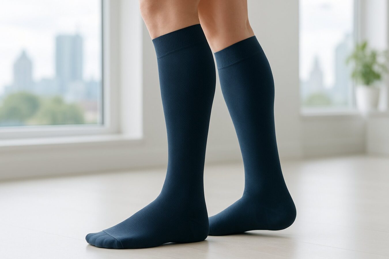 Close-up of a person wearing compression socks on their lower legs indoors with a blurred city view in the background.