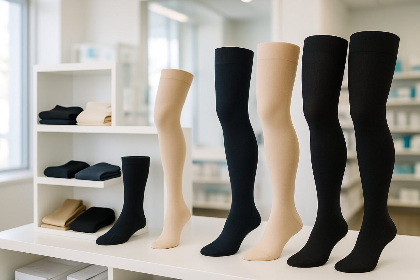 A variety of compression socks and garments displayed on shelves and mannequins in a bright medical supply store.