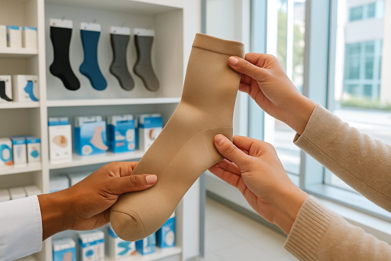 Hands holding a pair of compression socks inside a medical supply store with shelves of products in the background.