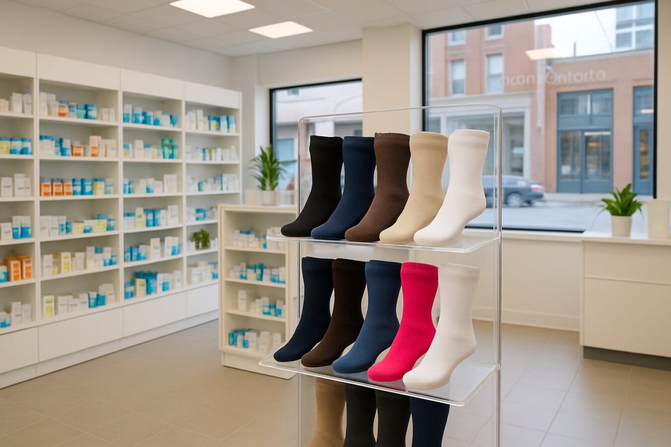 A pharmacy store interior with a display of compression socks and health products on shelves.