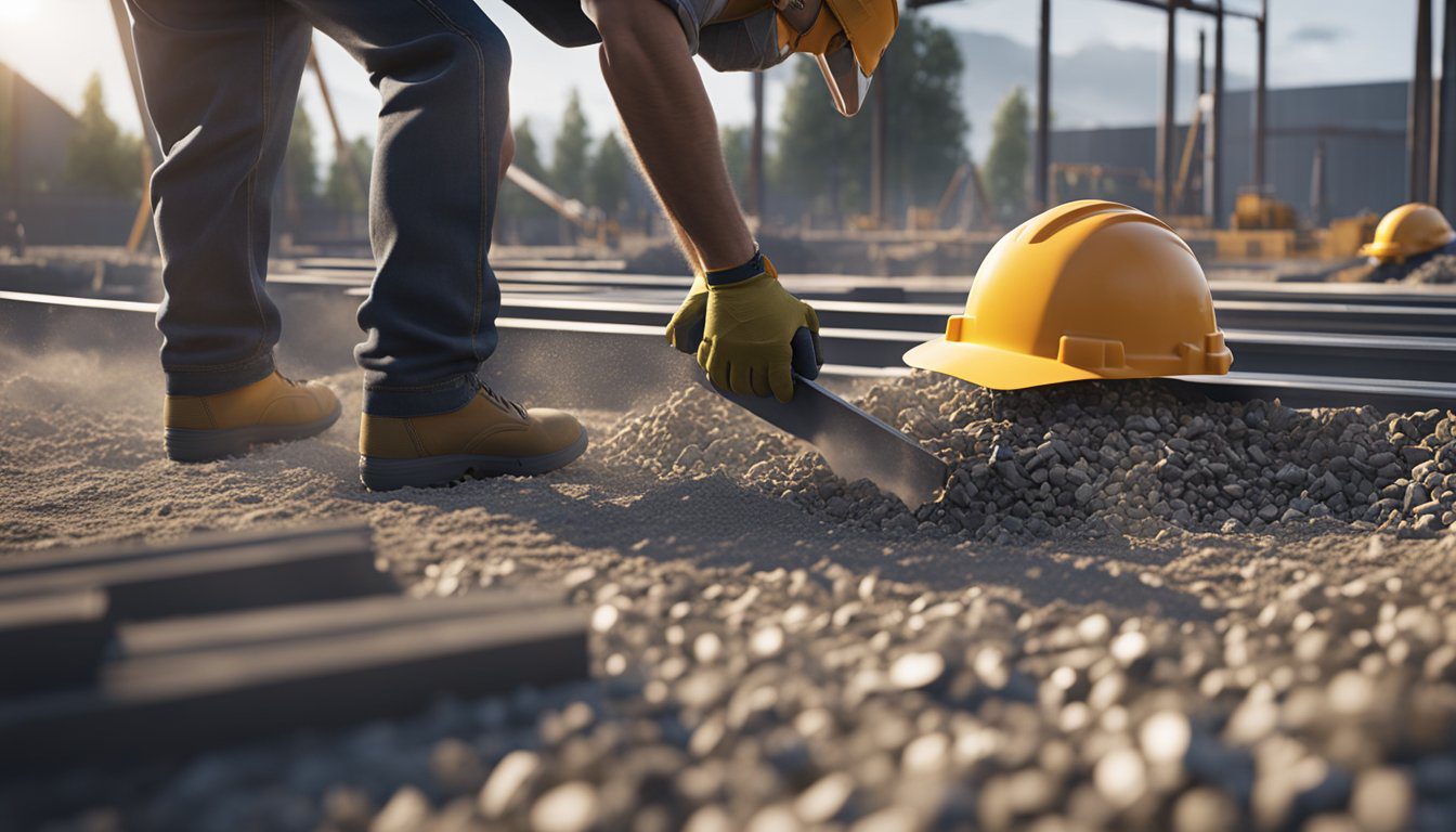 A construction worker leveling the ground, laying down gravel, assembling steel beams, and securing the foundation for a new steel shed