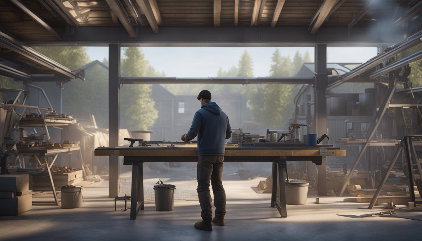 A person assembling a steel shed, holding a wrench, surrounded by steel beams, nuts, bolts, and a blueprint on a workbench