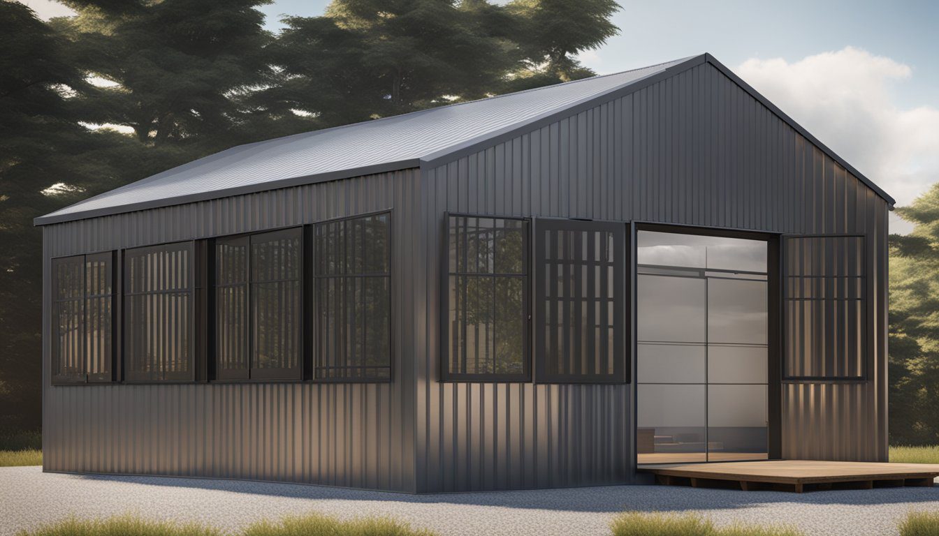 A steel shed being constructed with walls, roof, doors, windows, and ventilation