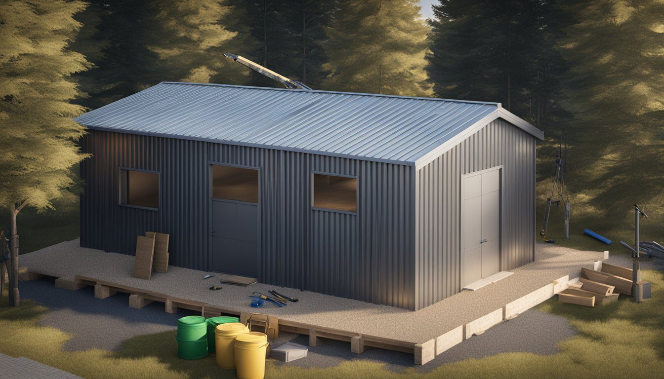 A steel shed being constructed with roofing materials, tools, ladder, and safety equipment spread out around the site