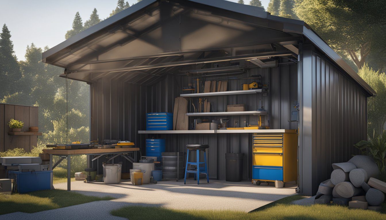 A steel shed with a door attachment, surrounded by tools, building materials, and a set of blueprints on a workbench