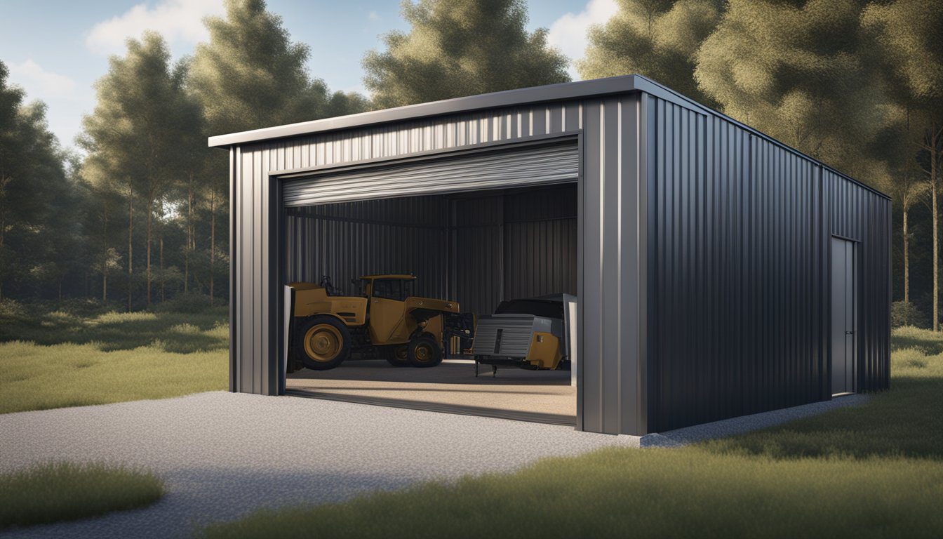 A steel shed with a sturdy frame, reinforced walls, a large sliding door, a pitched roof, and ample ventilation