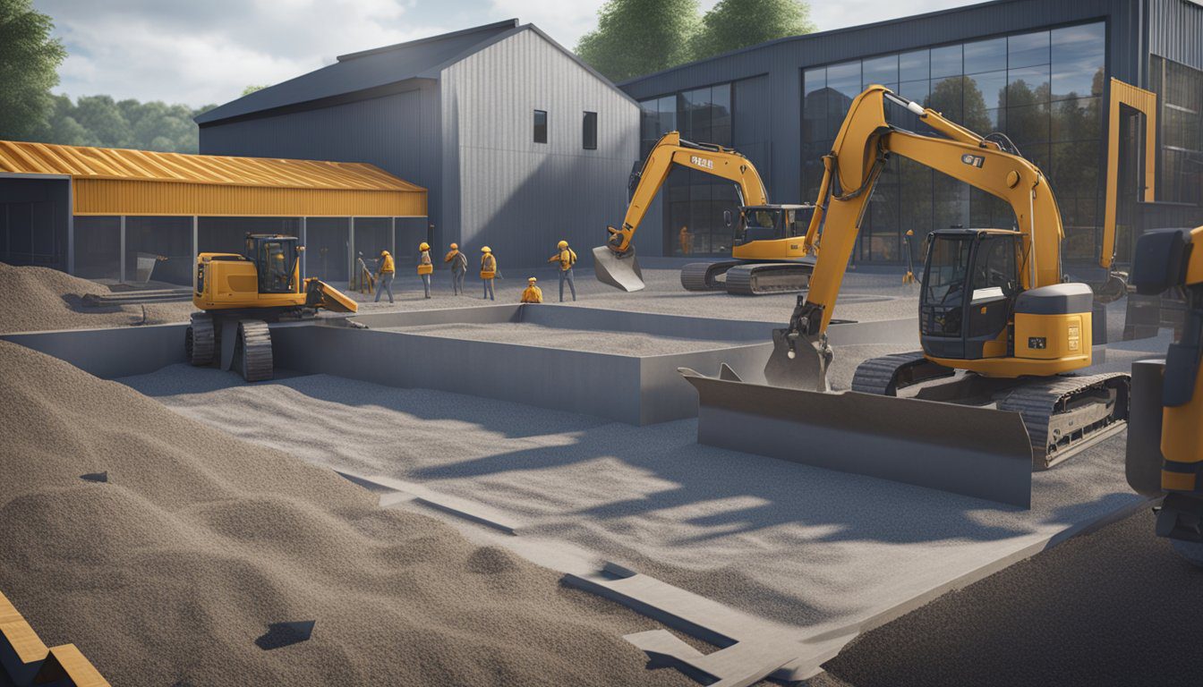 A construction site with workers leveling the ground, laying down gravel, pouring concrete, and setting up steel shed foundation