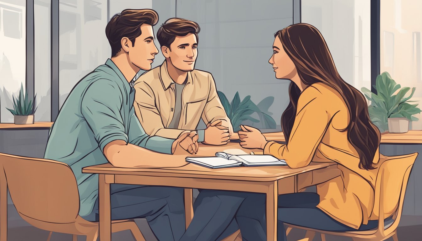 A couple sitting together, facing each other, engaged in deep conversation with a counselor. The counselor is actively listening and guiding the discussion