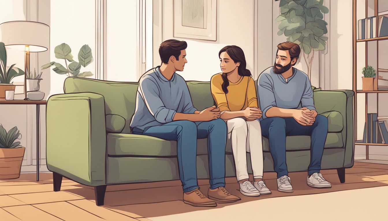 A couple sitting close together on a couch, facing each other, with a counselor in the background offering support and guidance