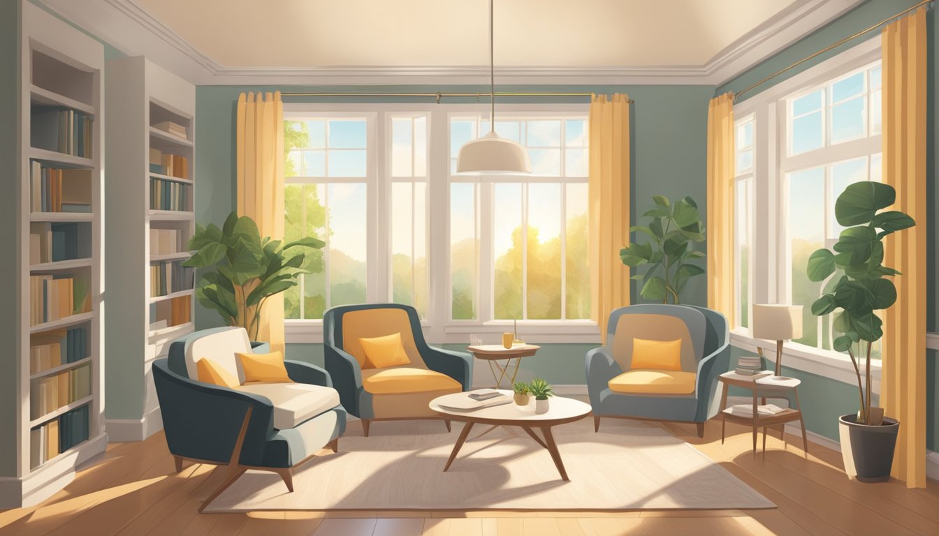 A serene, sunlit room with two chairs facing each other, symbolizing open communication and resolution. A counselor's office with a warm, inviting atmosphere