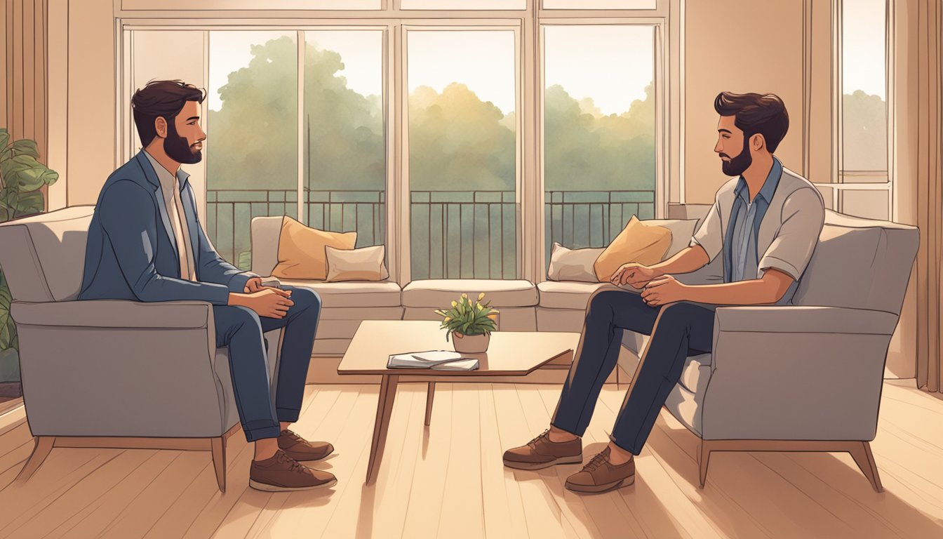 A couple sits facing each other, leaning in with open body language, while a counselor mediates their conversation. The room is warm and inviting, with soft lighting and comfortable seating