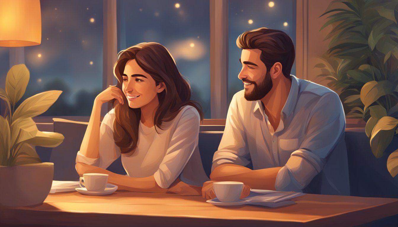 A couple sitting close together, facing each other, with open body language and relaxed expressions, surrounded by a warm and inviting atmosphere