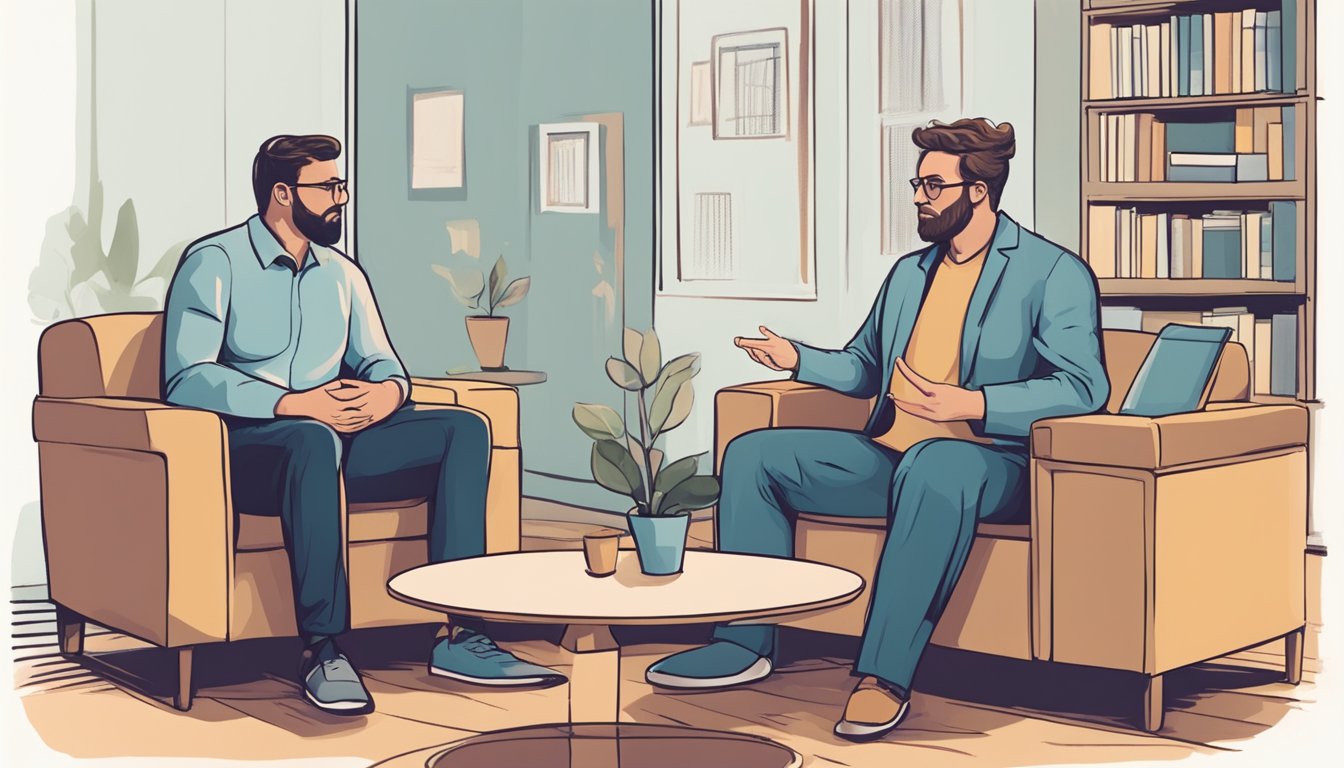 A couple sitting on opposite sides of a therapist, engaged in conversation while the therapist listens and offers guidance