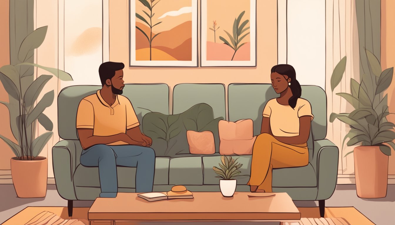 A couple sits facing each other on a cozy couch, surrounded by soft lighting and a warm color palette. A counselor listens attentively, creating a safe and supportive environment for open communication
