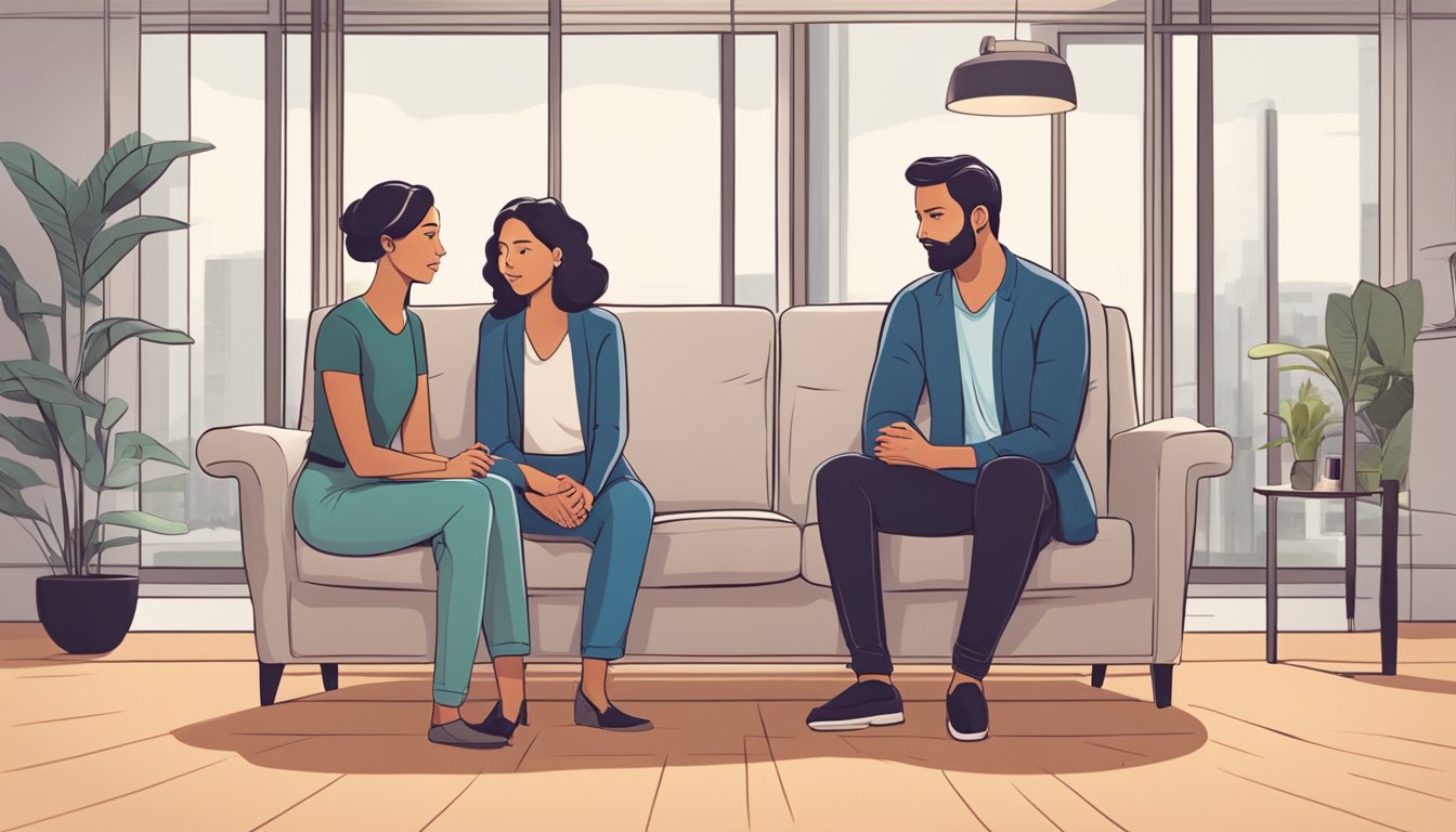 A couple sitting on a couch, facing a therapist. The therapist is listening attentively while the couple engages in conversation. A sense of support and understanding is evident in the room