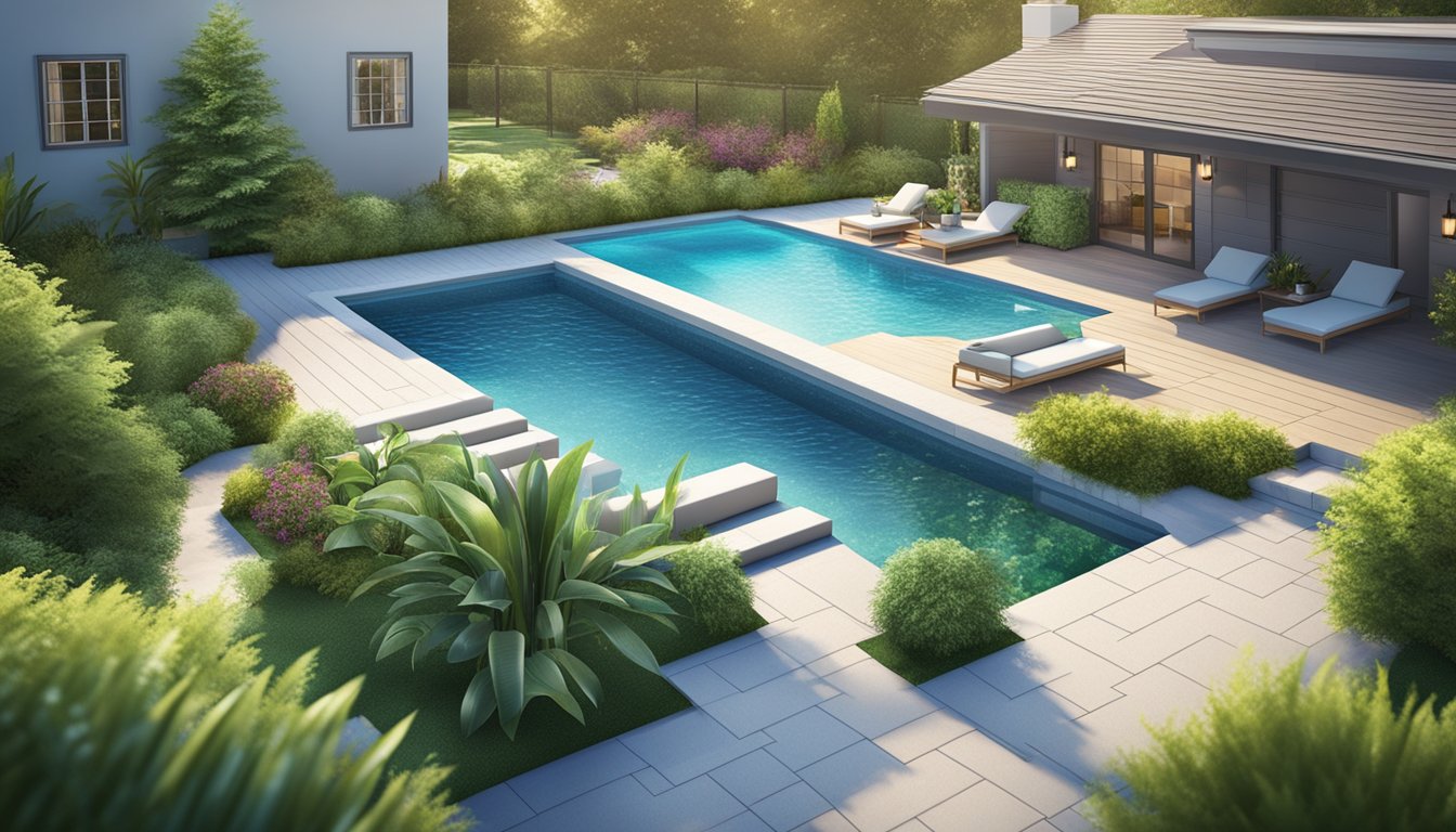 A sunny backyard with a sparkling blue pool, surrounded by lush greenery and a clean patio. Five different pool opening company logos displayed on a sign nearby