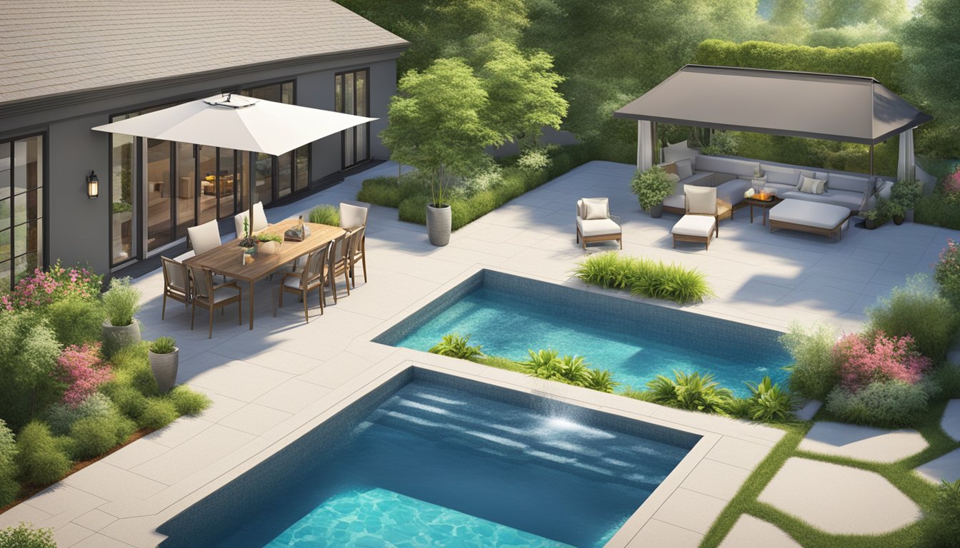 A sunny backyard with a sparkling pool surrounded by lush greenery and five distinct pool opening company logos displayed prominently