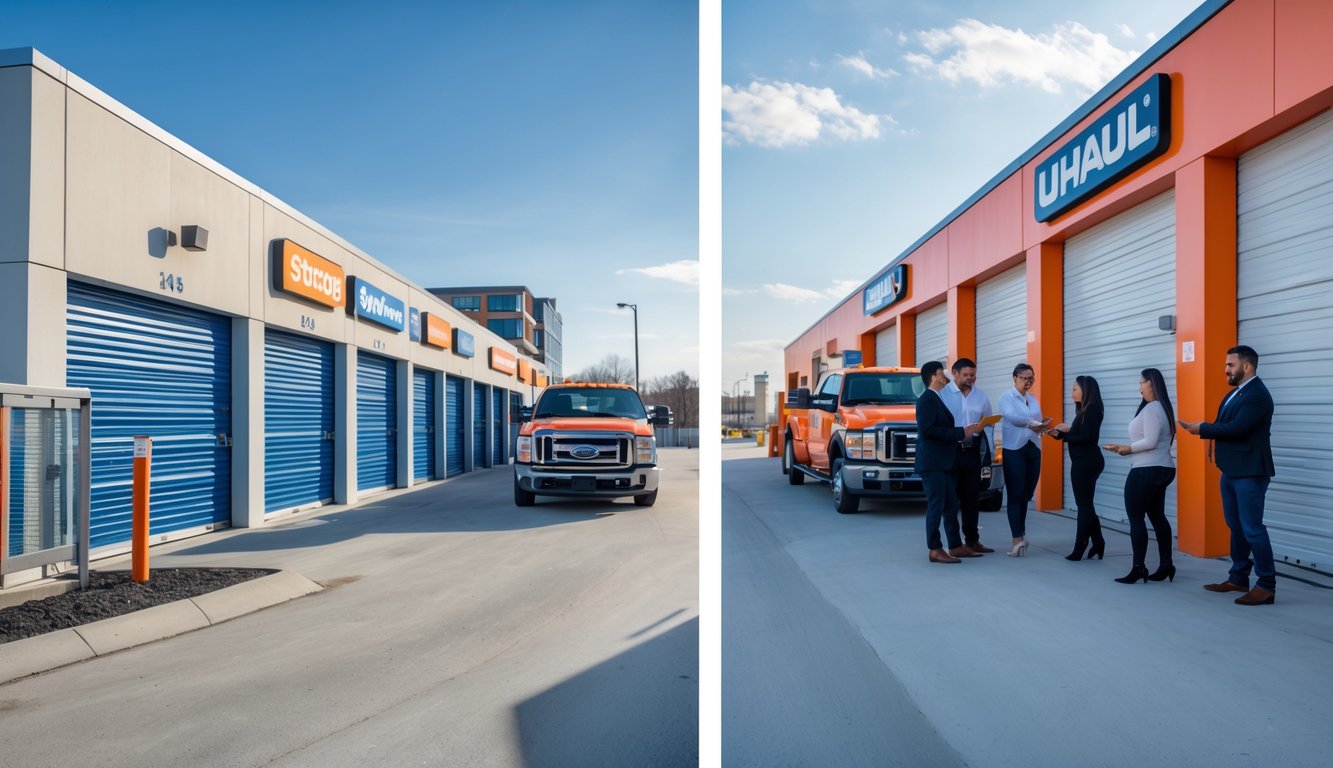 Two self-storage facilities side by side with customers and staff interacting, set in an urban area with clear skies and city landmarks.