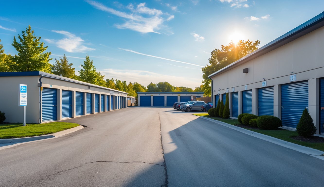 A clean and secure self storage facility with multiple storage units, paved driveways, parked cars, and green landscaping under a clear sky.