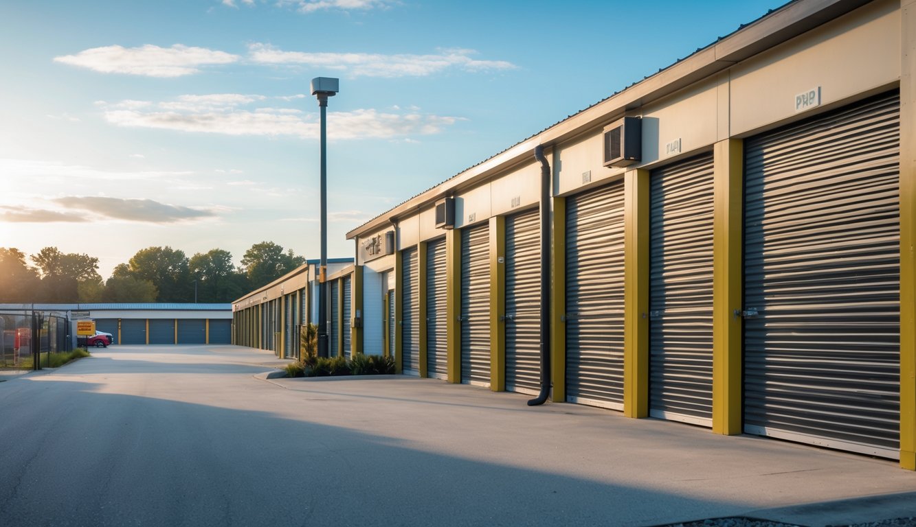A clean and secure self storage facility with multiple storage units, security cameras, and a fenced perimeter under a clear sky.