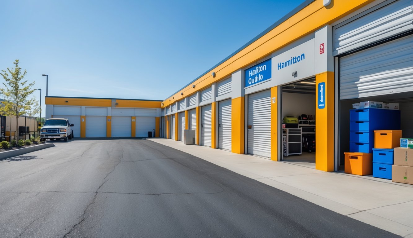 A modern self storage facility with various unit sizes and open units showing organized belongings, a moving truck parked outside, and a clear sky overhead.