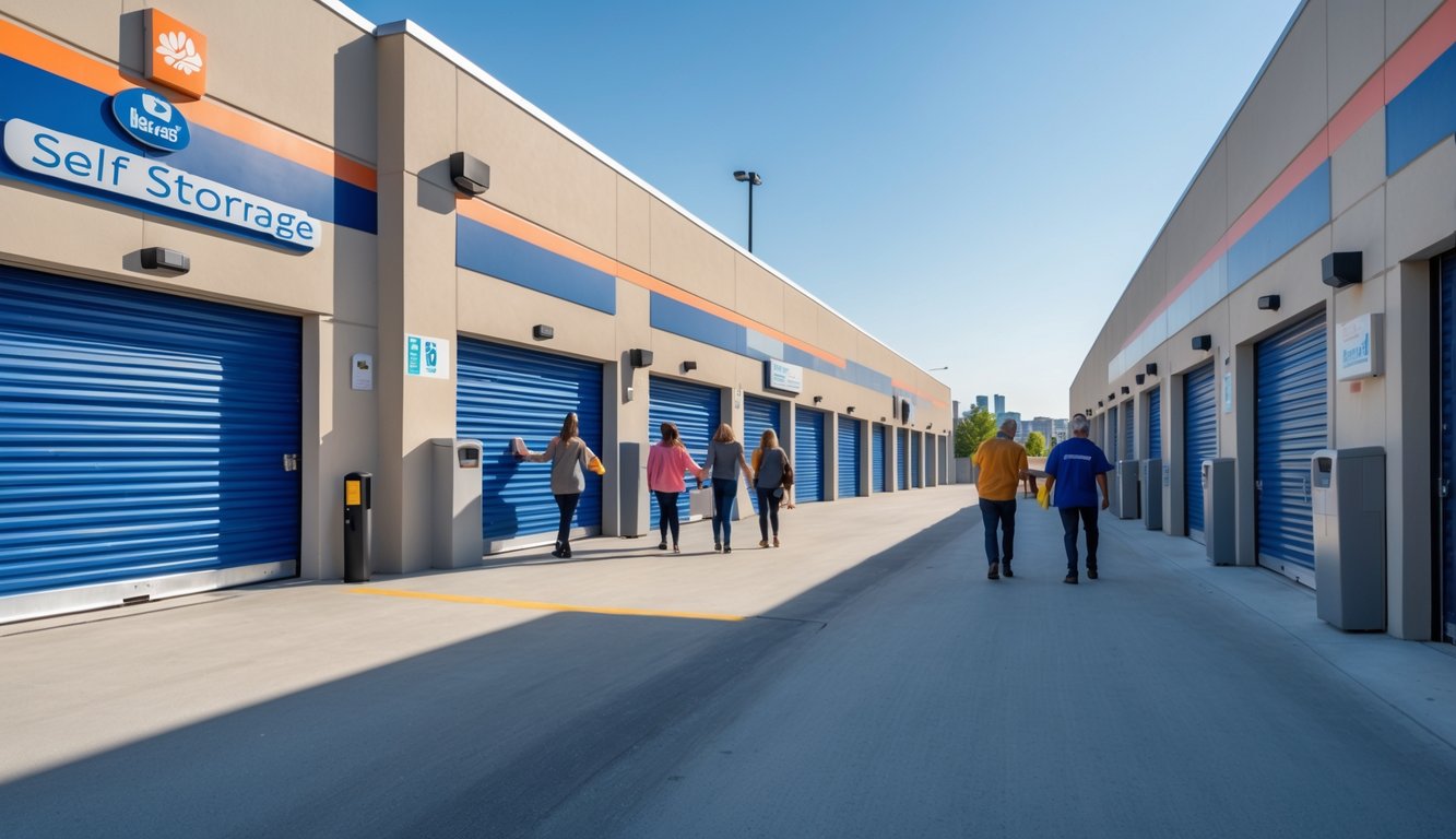 A clean and secure self storage facility with people accessing storage units using electronic keypads, surrounded by safety features and a cityscape in the background.