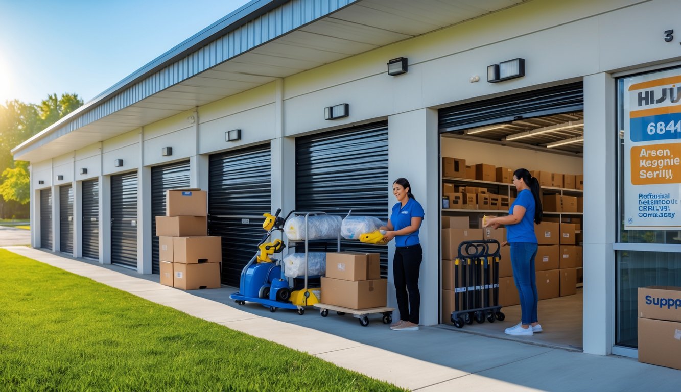 A clean self storage facility with storage units and a staff member helping a customer with moving supplies in a bright retail area.