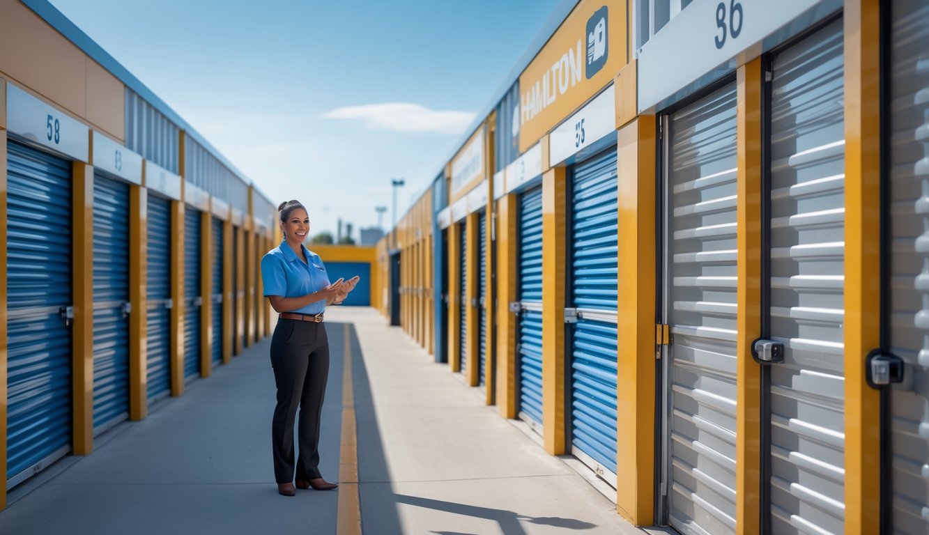 A modern self storage facility with secure storage units and a staff member assisting a satisfied customer outdoors.