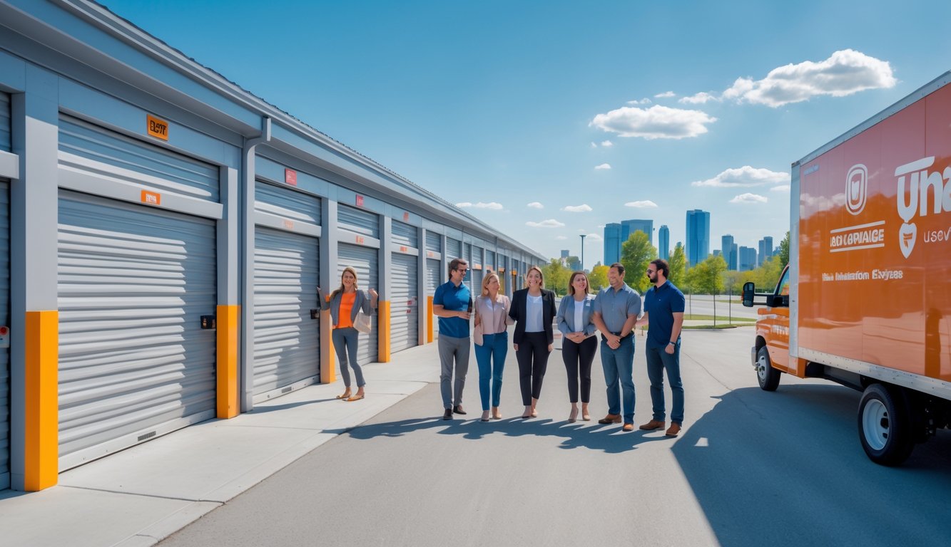 A clean self storage facility in Hamilton with happy residents and staff interacting outside on a sunny day, with a city skyline in the background.